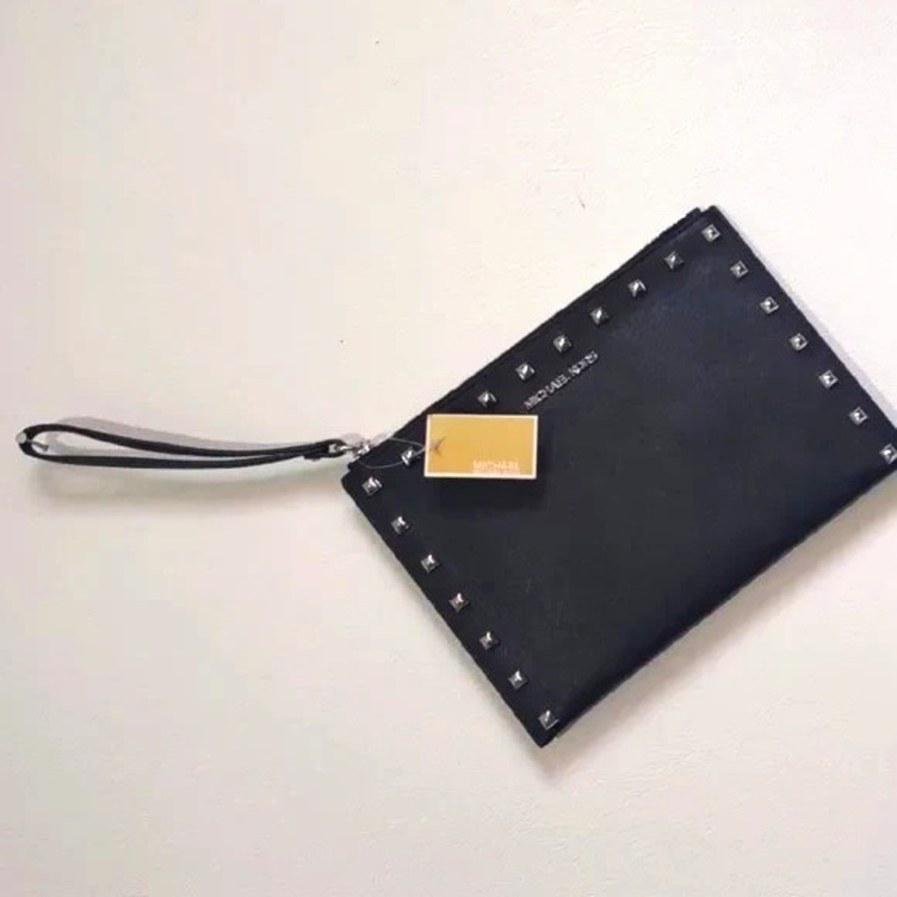 New Jet Set Travel Studded XL Leather Zip Clutch Wristlet Black Baddie Chic Glam